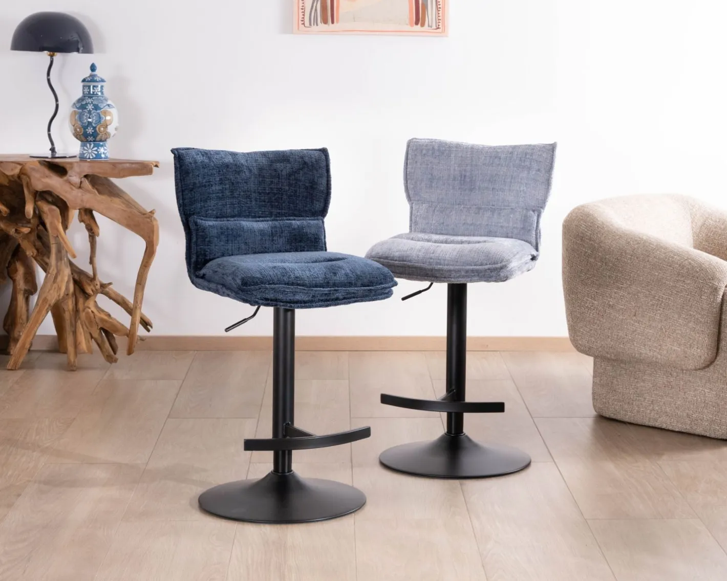 Clearance Lot de 2 chaises hautes matelassées réglables en hauteur "Topley" tissu coloris bleu nuit Chaise De Bar