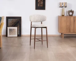 Outlet Lot de 2 chaises mi-hauteur rétro en tissu tramé beige et marron "Arpège" pieds métal aspect noyer Chaise De Bar