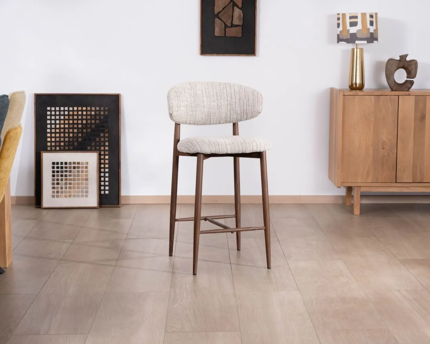 Outlet Lot de 2 chaises mi-hauteur rétro en tissu tramé beige et marron "Arpège" pieds métal aspect noyer Chaise De Bar