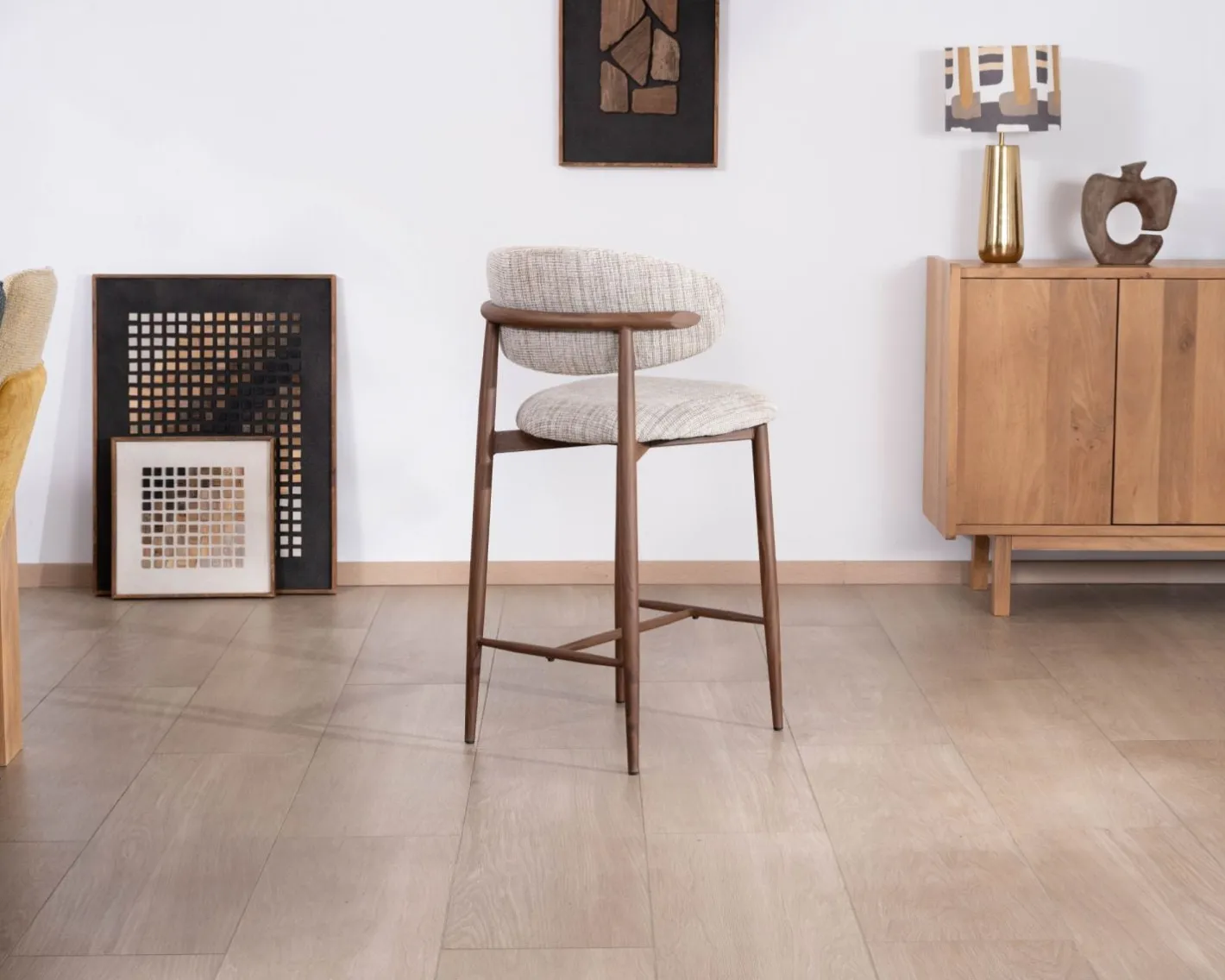 Outlet Lot de 2 chaises mi-hauteur rétro en tissu tramé beige et marron "Arpège" pieds métal aspect noyer Chaise De Bar