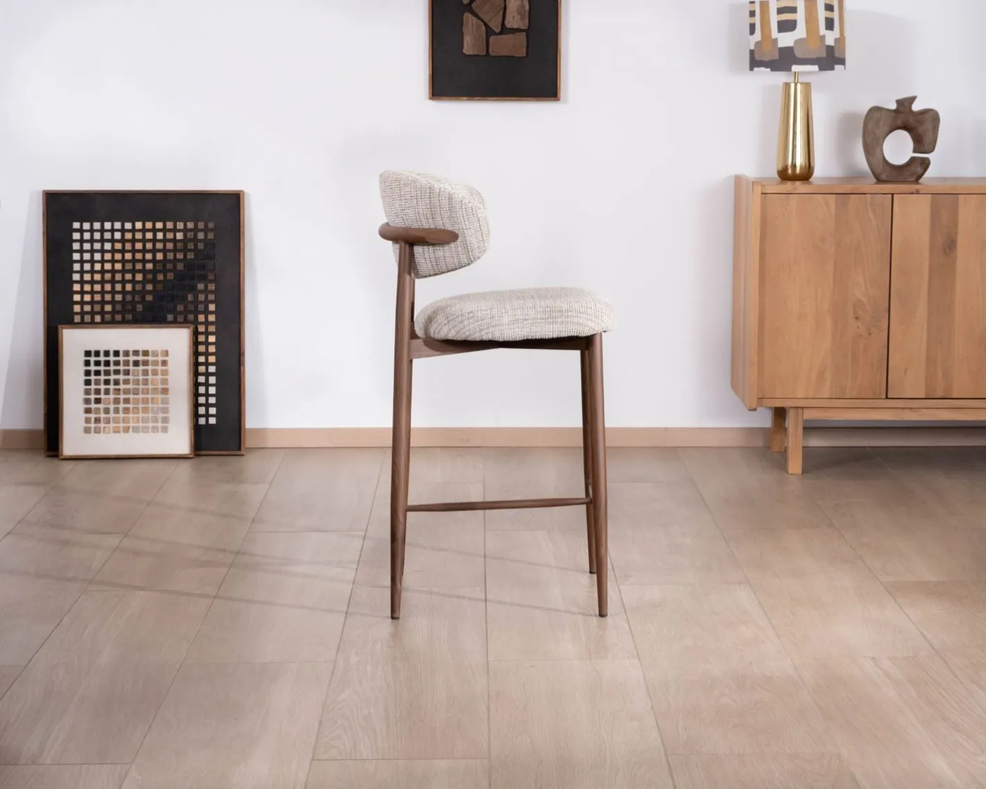 Outlet Lot de 2 chaises mi-hauteur rétro en tissu tramé beige et marron "Arpège" pieds métal aspect noyer Chaise De Bar