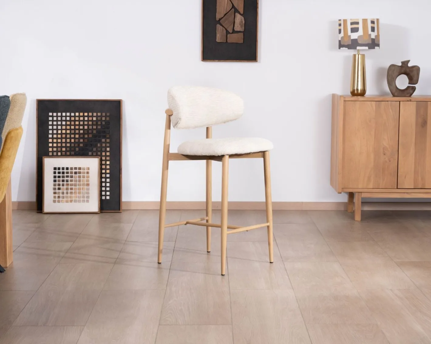 Sale Lot de 2 chaises mi-hauteur style scandinave en tissu blanc cassé "Arpège" pieds métal aspect bois clair Tabouret De Bar