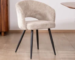 New Lot de 2 chaises vintage en velours côtelé blanc cassé et pieds métal noir 