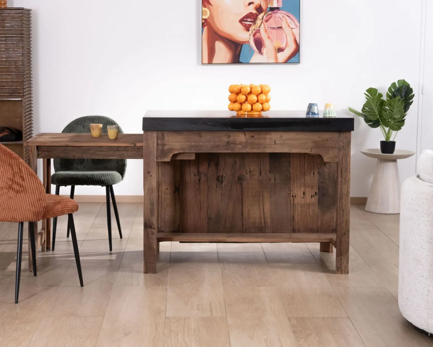 Sale Îlot de cuisine en teck recyclé avec coin snack extensible "Grana" plateau marbre noir Billot Et Ilot De Cuisine