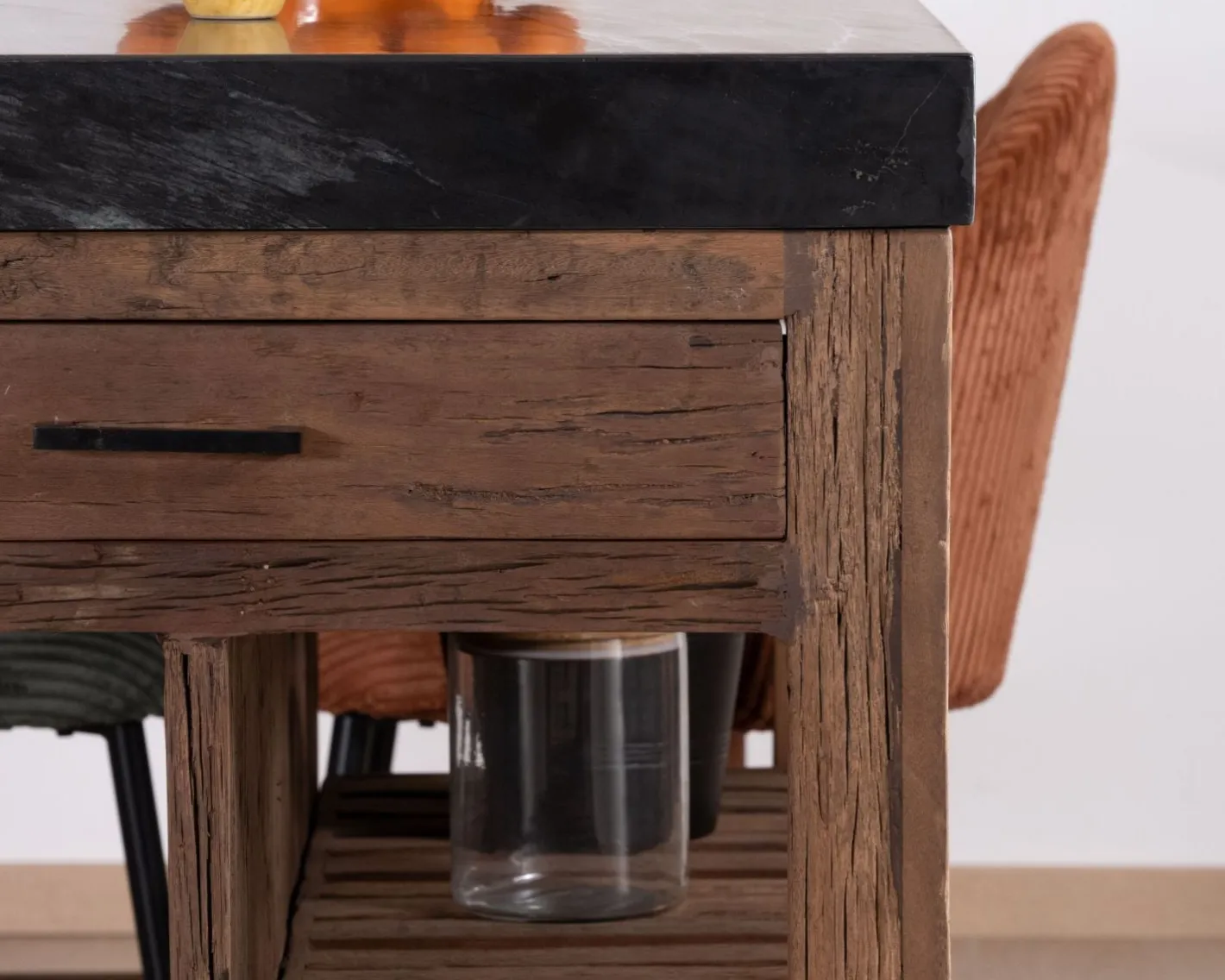 Sale Îlot de cuisine en teck recyclé avec coin snack extensible "Grana" plateau marbre noir Billot Et Ilot De Cuisine