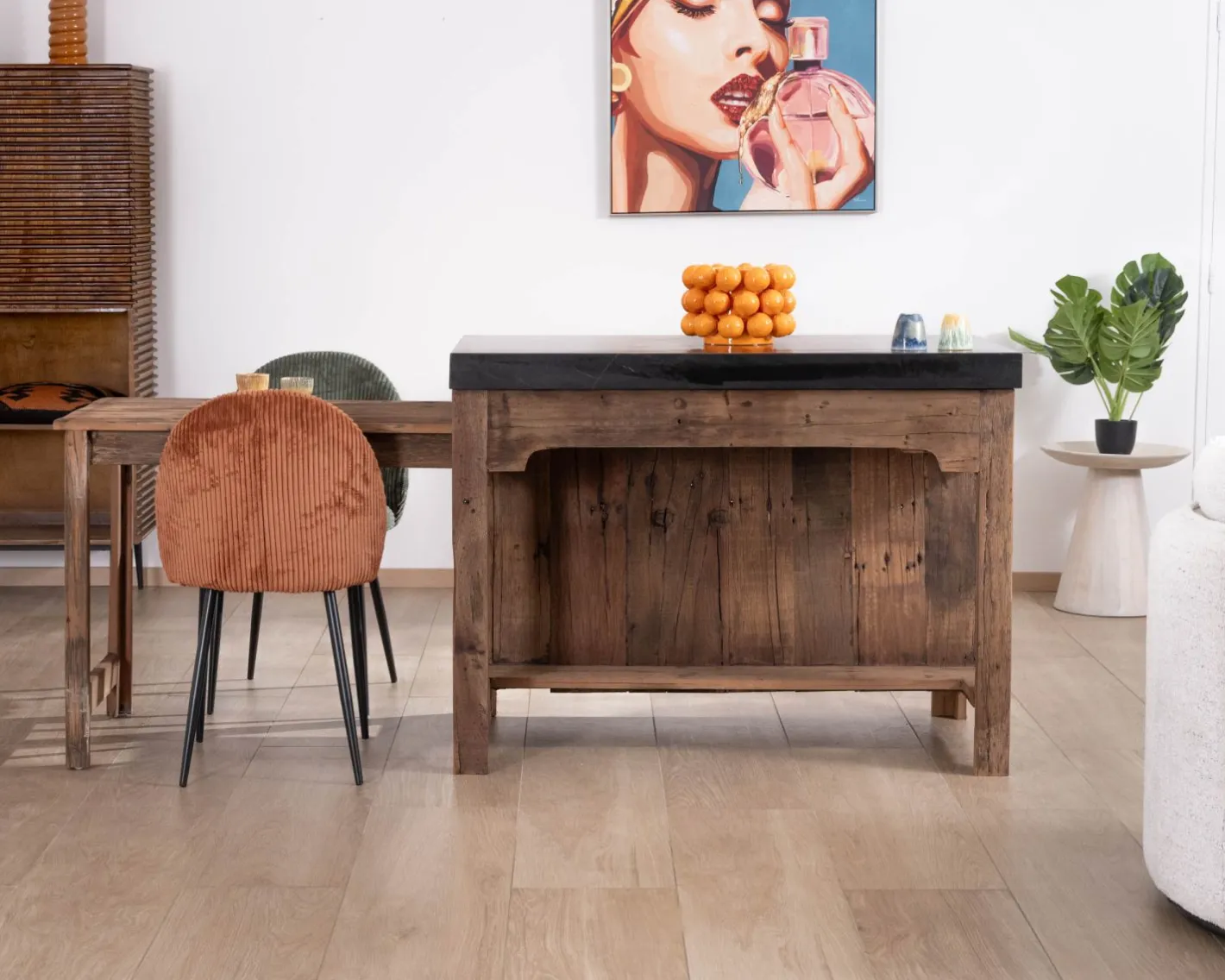 Sale Îlot de cuisine en teck recyclé avec coin snack extensible "Grana" plateau marbre noir Billot Et Ilot De Cuisine
