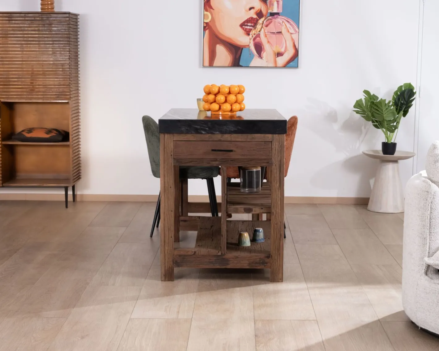Sale Îlot de cuisine en teck recyclé avec coin snack extensible "Grana" plateau marbre noir Billot Et Ilot De Cuisine