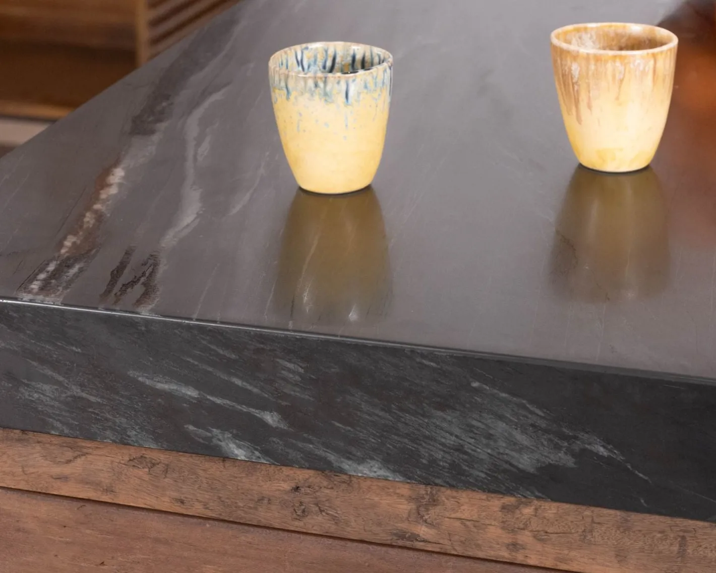 Sale Îlot de cuisine en teck recyclé avec coin snack extensible "Grana" plateau marbre noir Billot Et Ilot De Cuisine