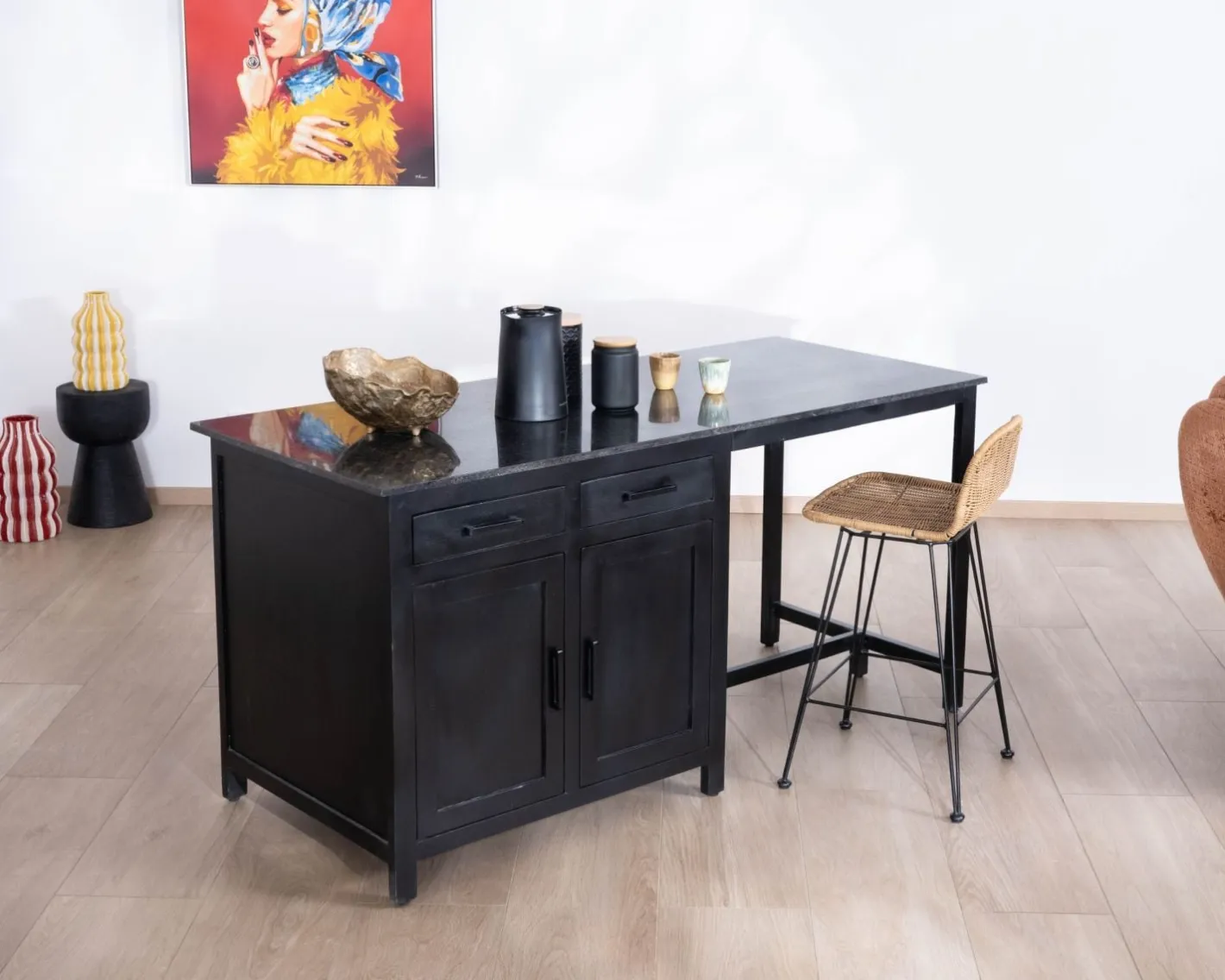 Online Îlot de cuisine noir avec coin repas "Grand Chef" en manguier et granit Billot Et Ilot De Cuisine