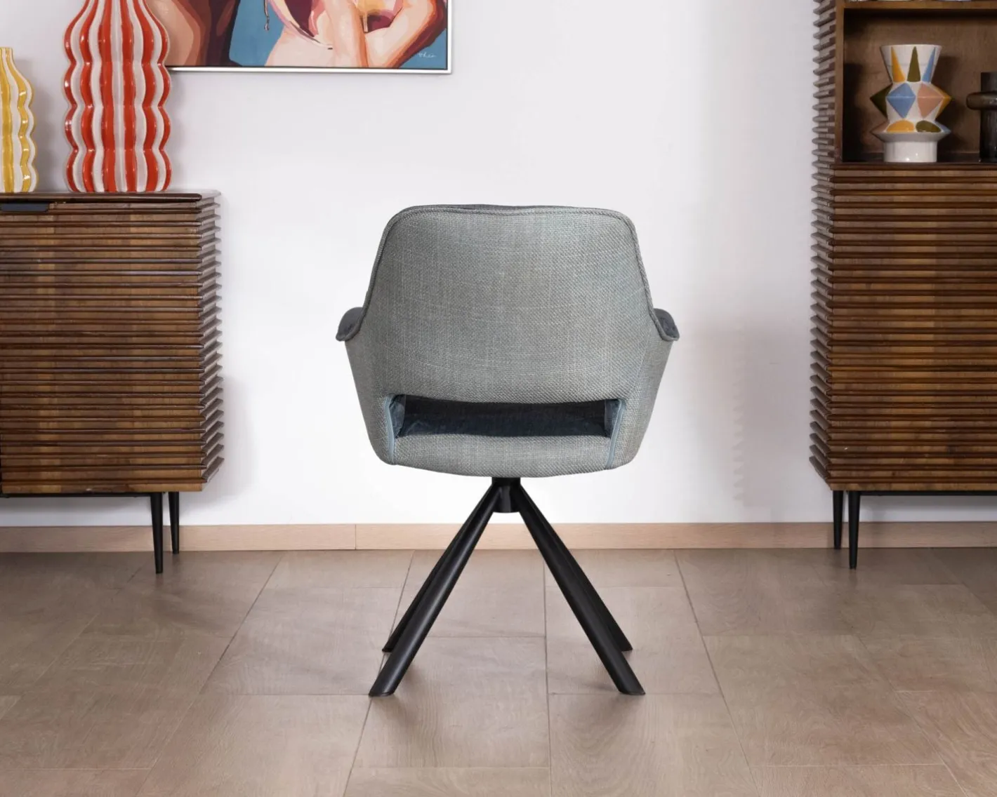 Clearance Lot de 2 fauteuils de repas contemporains en tissu bi texture bleu "Chilko" pied pivotant en métal Chaise