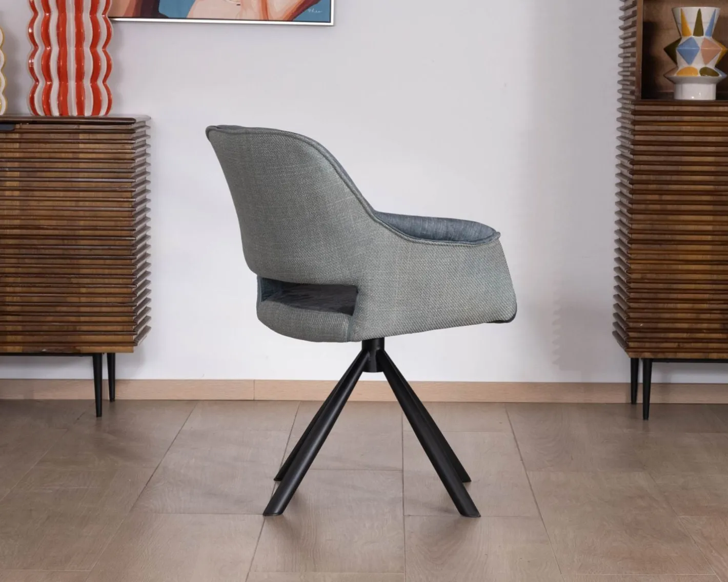 Clearance Lot de 2 fauteuils de repas contemporains en tissu bi texture bleu "Chilko" pied pivotant en métal Chaise