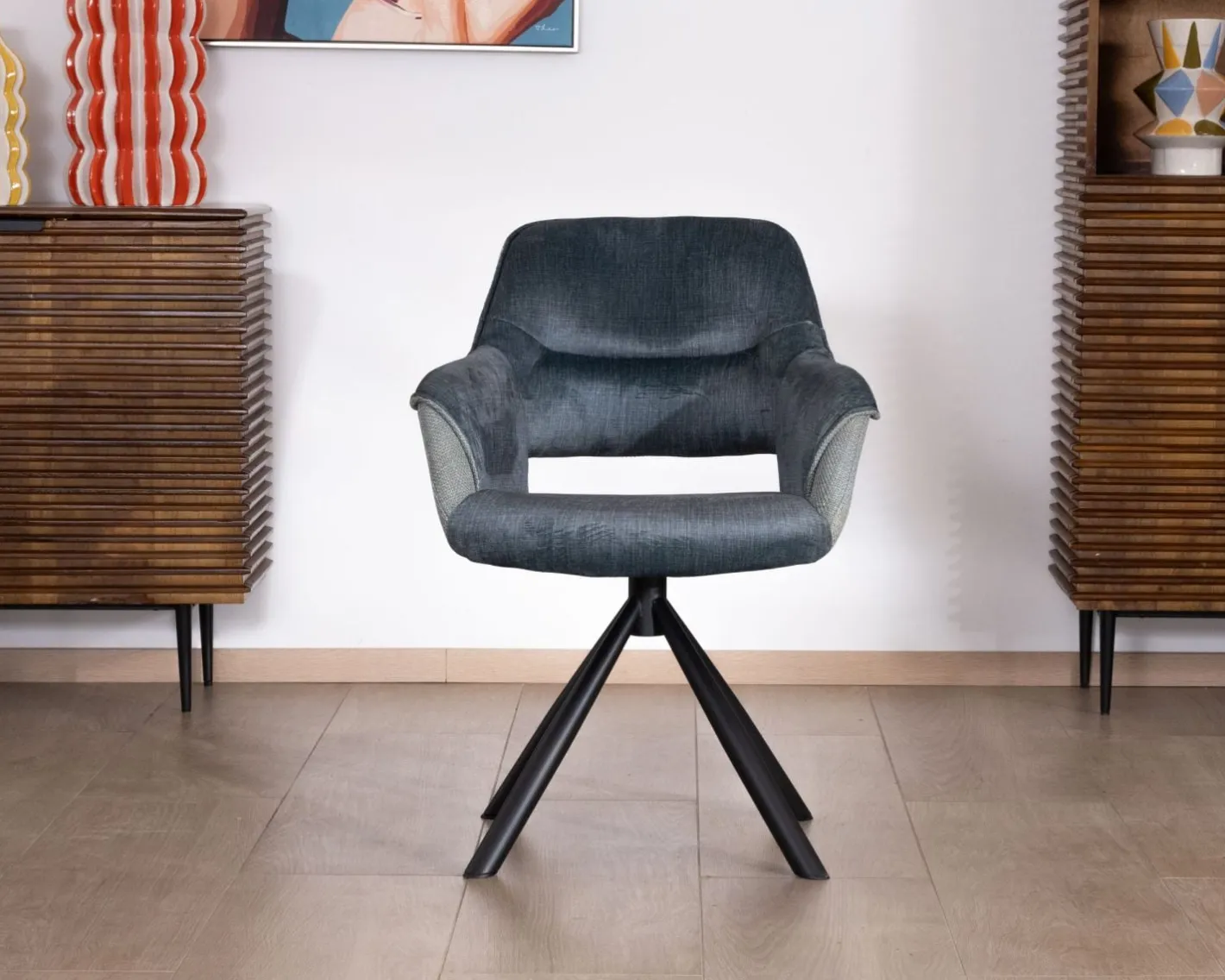Clearance Lot de 2 fauteuils de repas contemporains en tissu bi texture bleu "Chilko" pied pivotant en métal Chaise