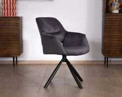 Clearance Lot de 2 fauteuils de repas contemporains pivotants sur pied métal noir "Chilko" en tissu bi texturé gris Chaise