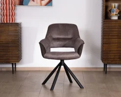 Lot de 2 fauteuils de repas enveloppants en tissu bi texturé chocolat et pied pivotant en métal 