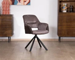Lot de 2 fauteuils de repas enveloppants en tissu bi texturé chocolat et pied pivotant en métal 