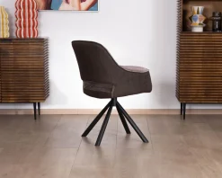 Lot de 2 fauteuils de repas enveloppants en tissu bi texturé chocolat et pied pivotant en métal 