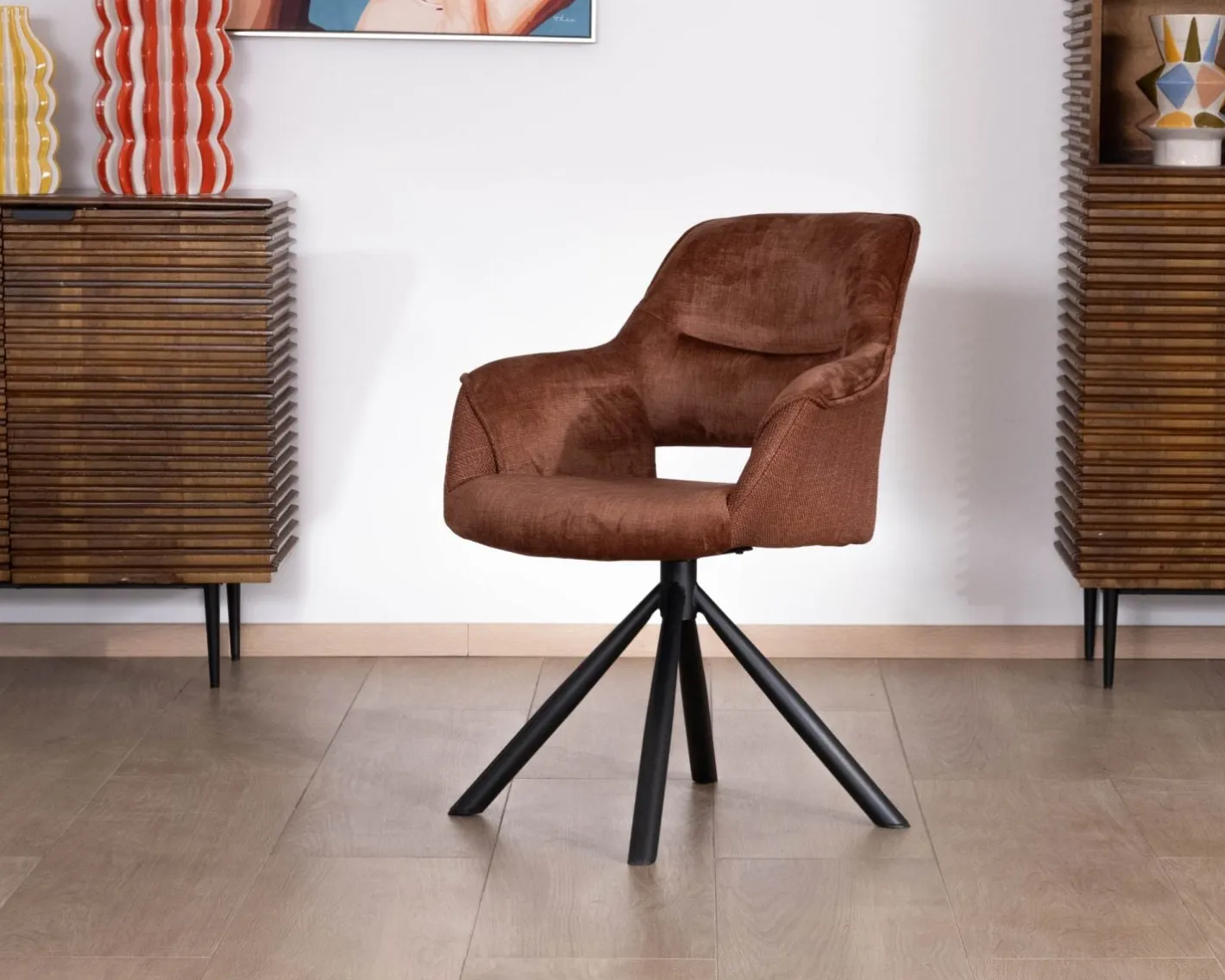 Clearance Lot de 2 fauteuils de repas pivotants en tissu bi texturé cuivré "Chilko" esprit rétro Chaise