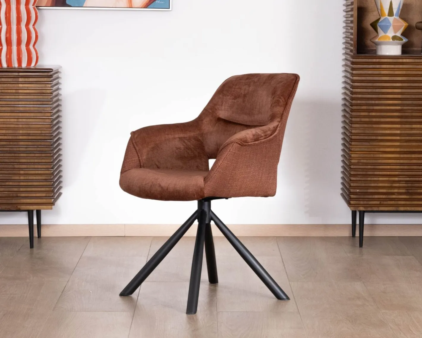 Clearance Lot de 2 fauteuils de repas pivotants en tissu bi texturé cuivré "Chilko" esprit rétro Chaise