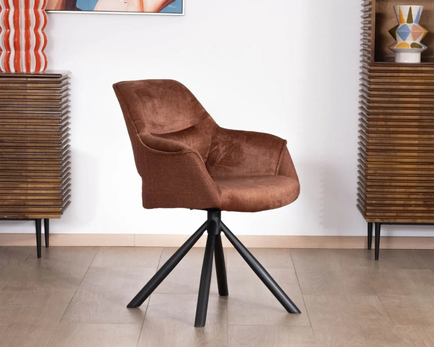 Clearance Lot de 2 fauteuils de repas pivotants en tissu bi texturé cuivré "Chilko" esprit rétro Chaise