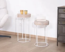 New Lot de 2 tables d'appoint rondes blanchies en bois et métal "Nervure" Table D'Appoint|Sellette