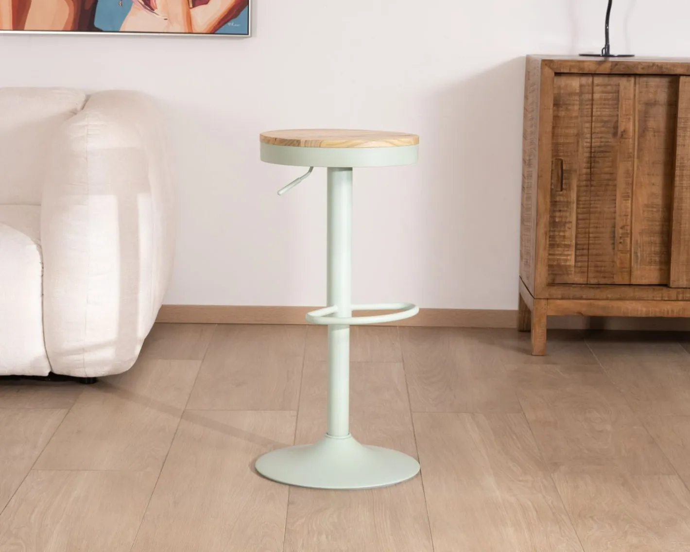 Clearance Lot de 2 tabourets réglables avec assise bois "Juo" en métal vert acidulé Tabouret De Bar