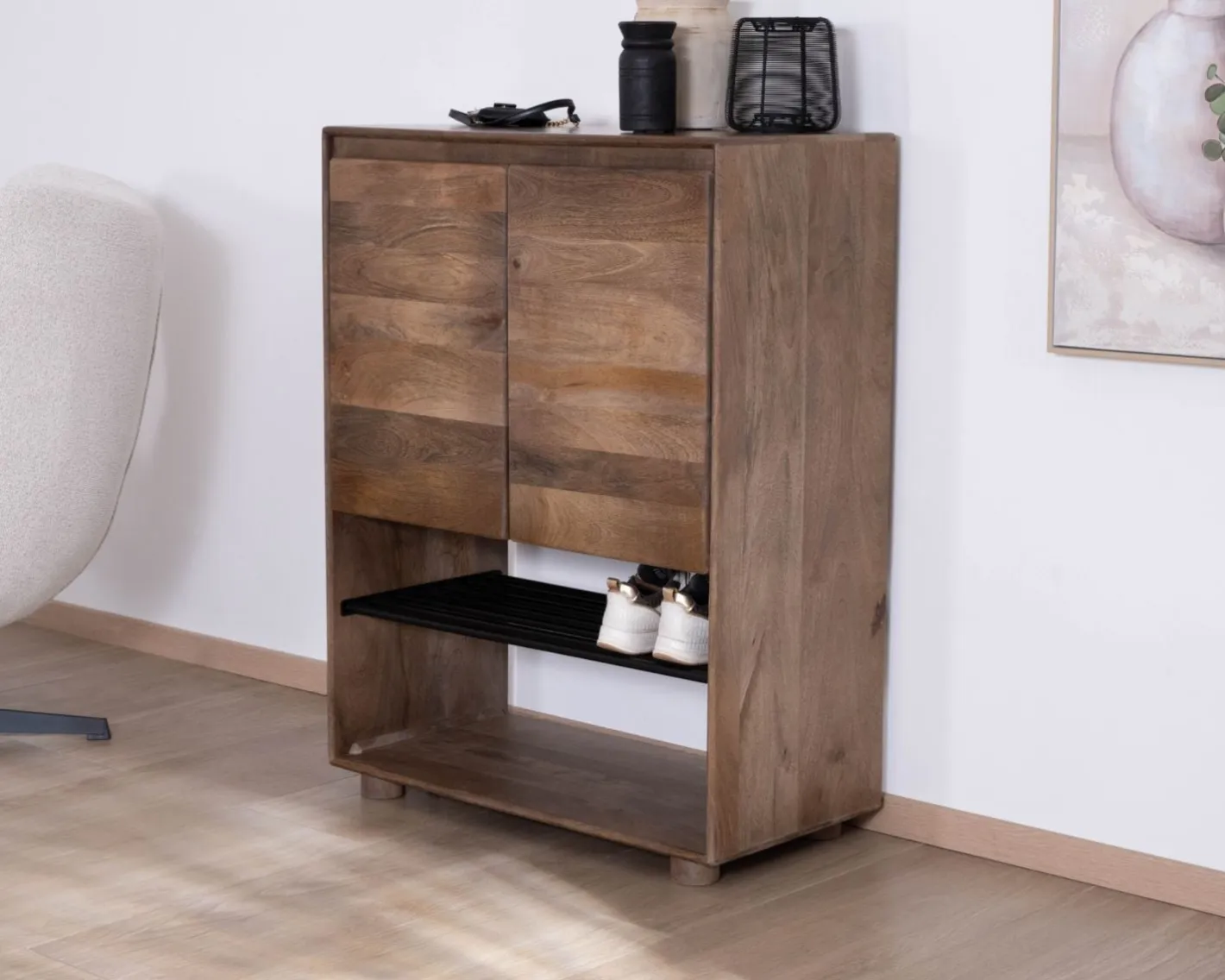Discount Meuble à chaussures en manguier massif "Geta" avec rangements Meuble À Chaussures|Meuble D'Entrée