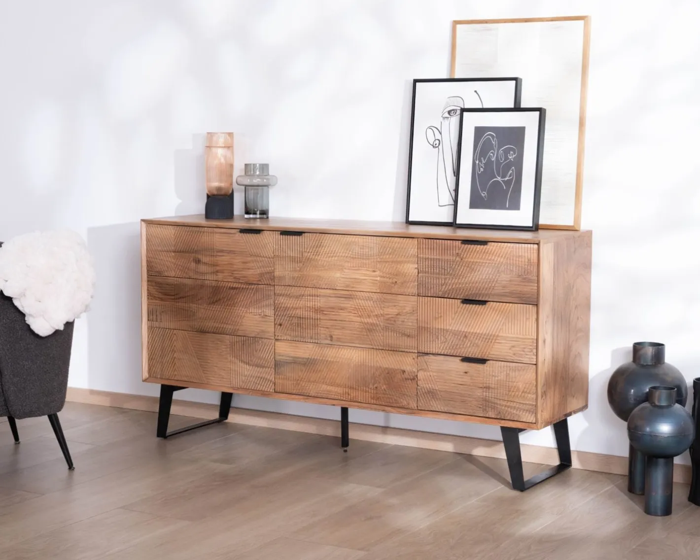 Hot Meuble de rangement bas 160 cm avec tiroirs "Uky" design contemporain esprit rétro Buffet Et Bahut