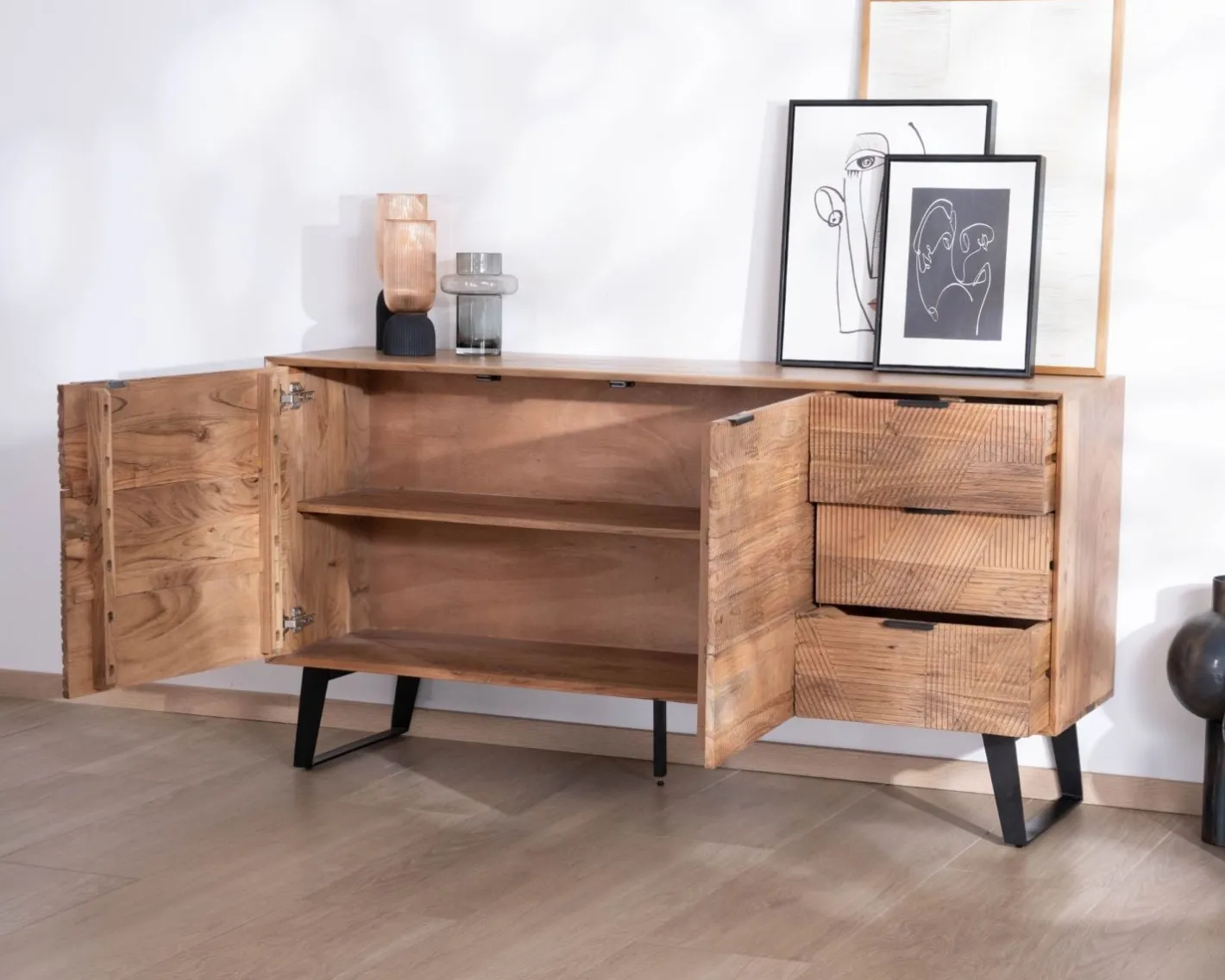Hot Meuble de rangement bas 160 cm avec tiroirs "Uky" design contemporain esprit rétro Buffet Et Bahut