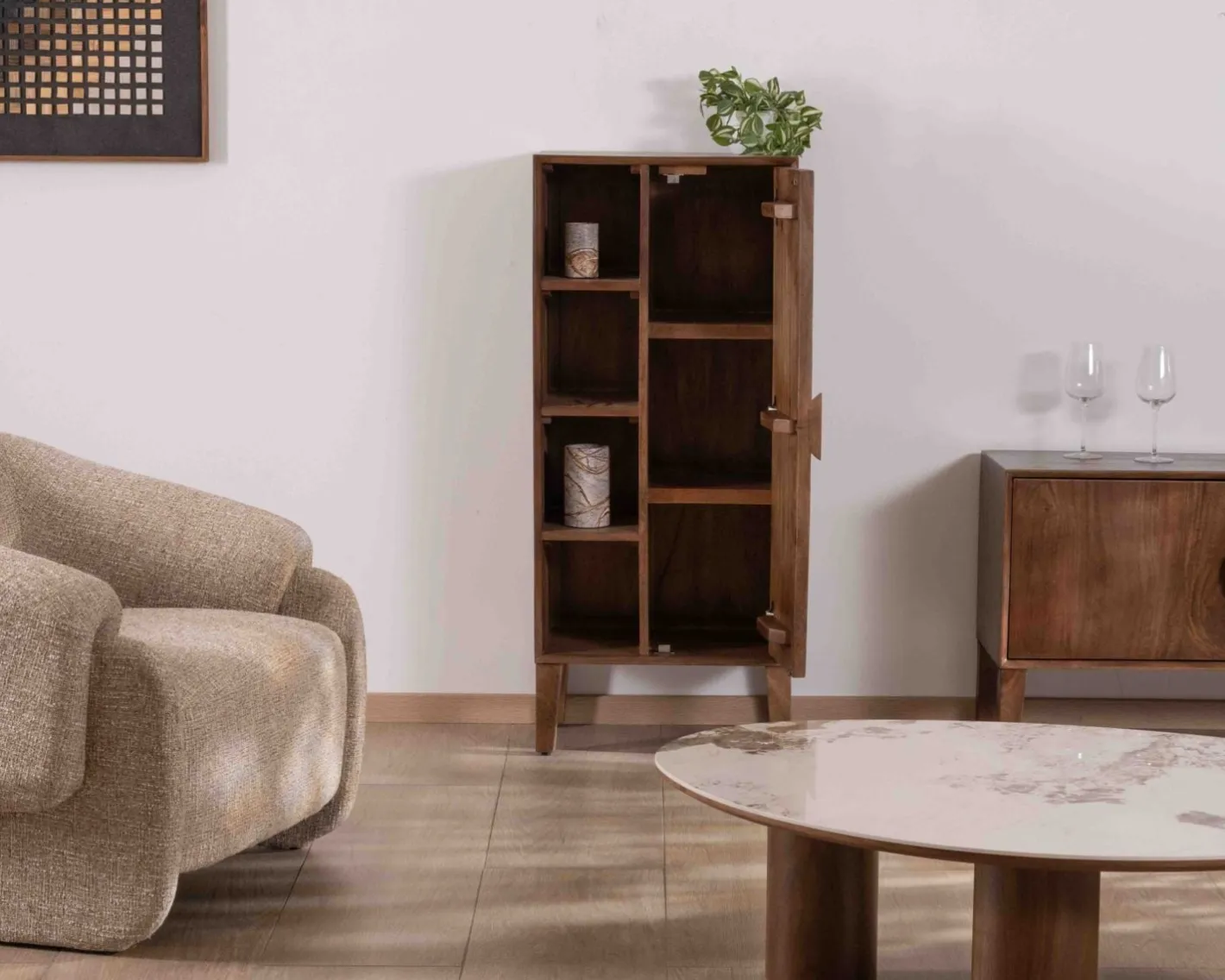 Outlet Meuble de rangement bas en manguier massif foncé "Kaldo" Style rétro scandinave Vitrine Et Argentier|Bibliothèque
