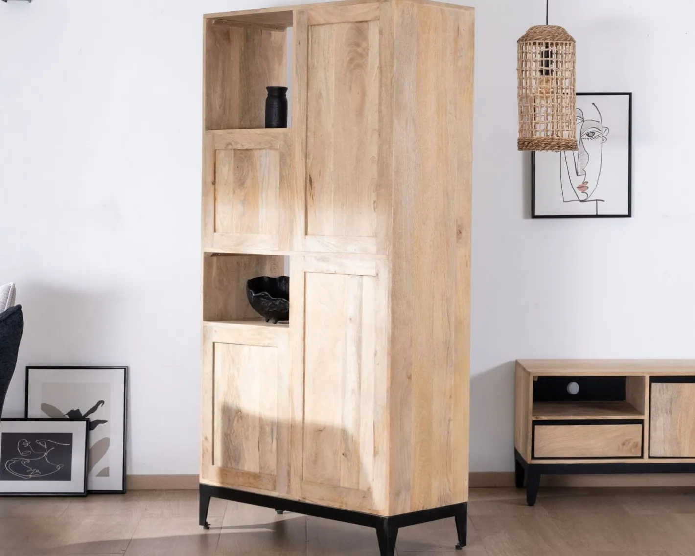 Outlet Meuble de rangement haut en manguier naturel et noir design épuré "Bocca" Rangement|Bibliothèque
