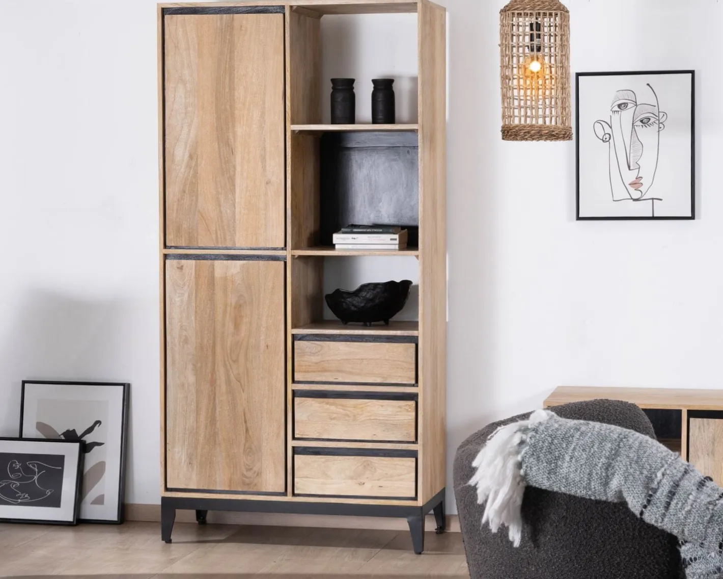 Outlet Meuble de rangement haut en manguier naturel et noir design épuré "Bocca" Rangement|Bibliothèque