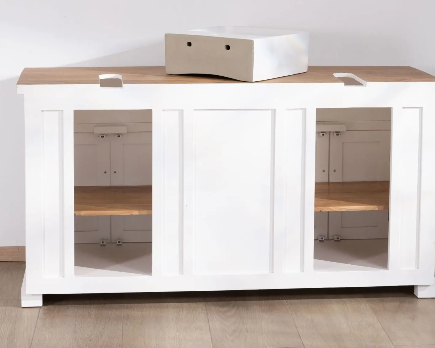 Hot Meuble de salle bain double en acacia naturel et blanc "Trégastel" Meuble Sous Vasque