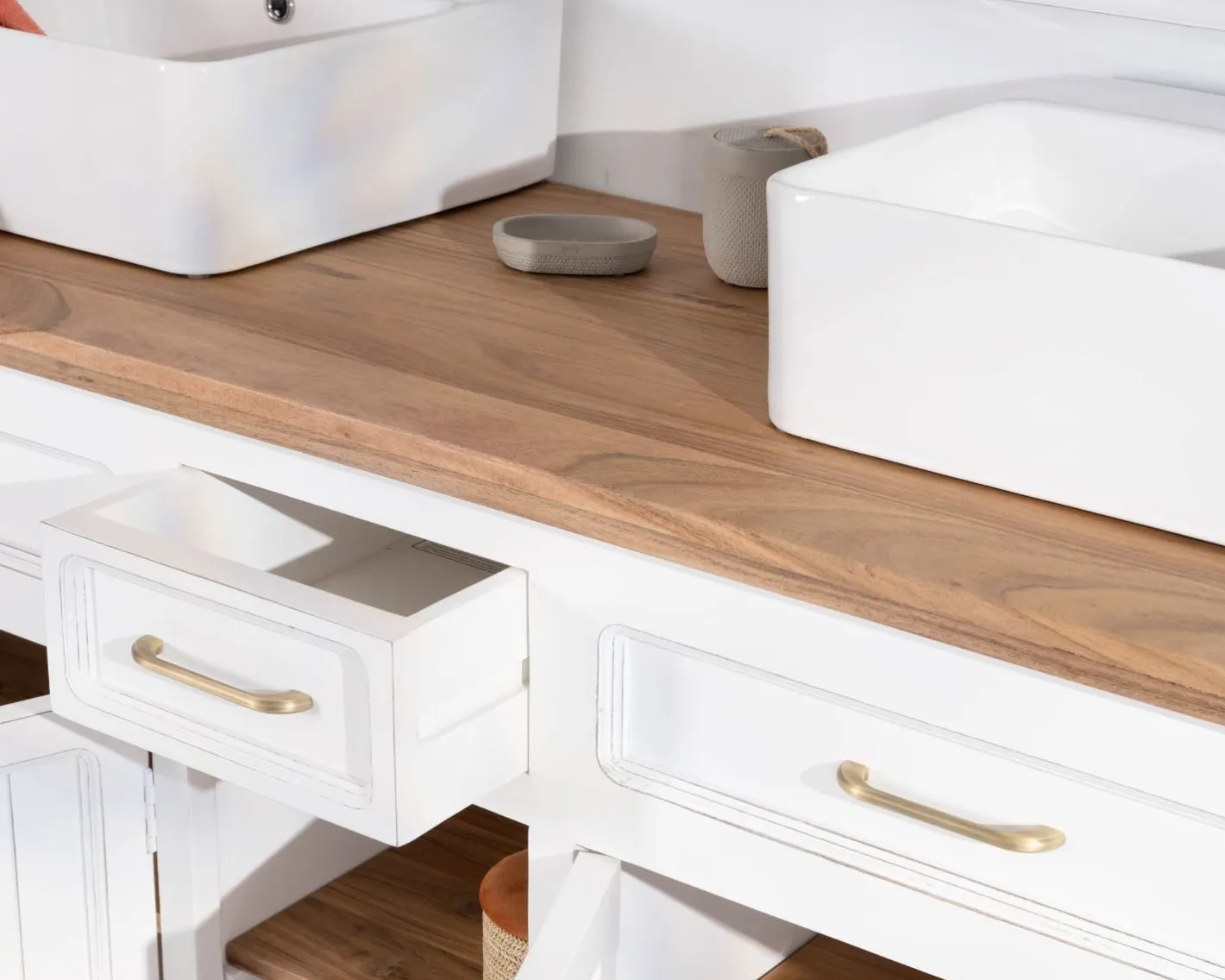 Hot Meuble de salle bain double en acacia naturel et blanc "Trégastel" Meuble Sous Vasque