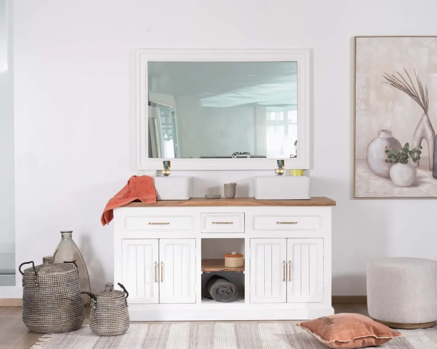 Hot Meuble de salle bain double en acacia naturel et blanc "Trégastel" Meuble Sous Vasque