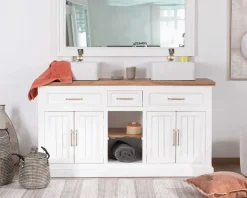 Hot Meuble de salle bain double en acacia naturel et blanc