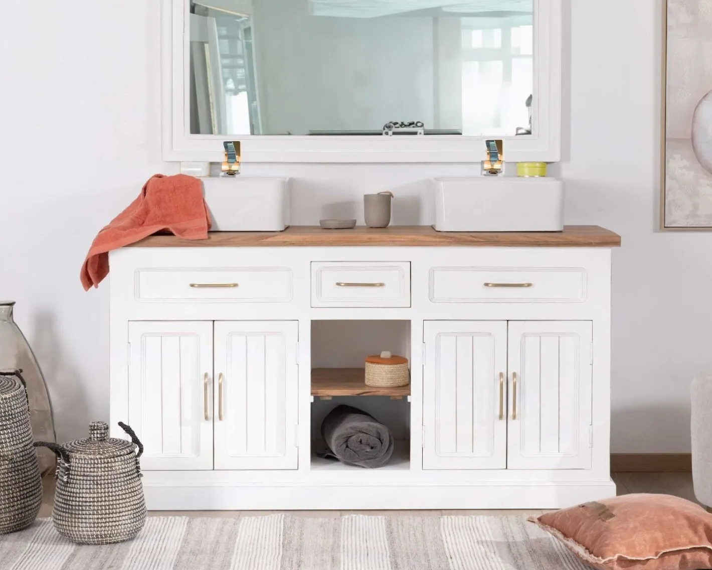 Hot Meuble de salle bain double en acacia naturel et blanc "Trégastel" Meuble Sous Vasque