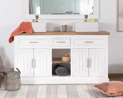 Hot Meuble de salle bain double en acacia naturel et blanc