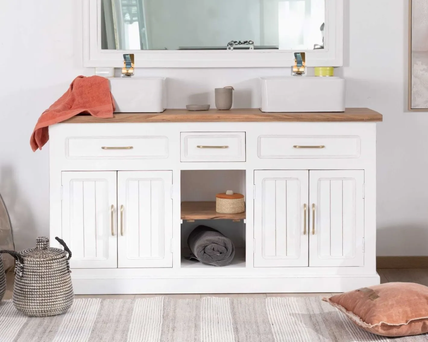 Hot Meuble de salle bain double en acacia naturel et blanc "Trégastel" Meuble Sous Vasque