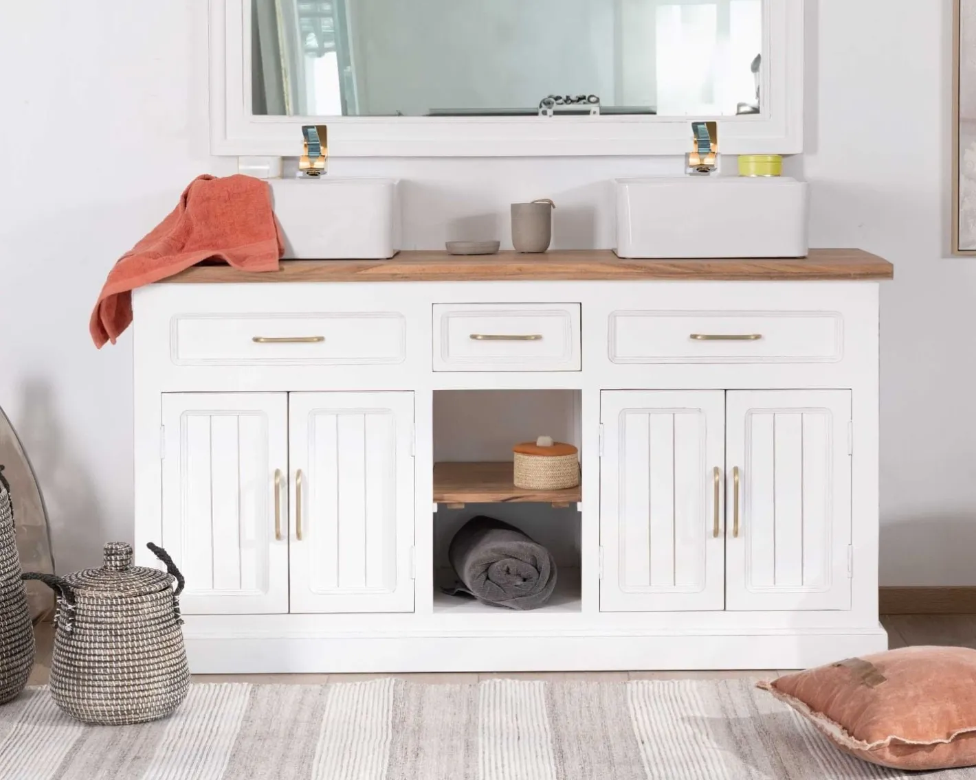 Hot Meuble de salle bain double en acacia naturel et blanc "Trégastel" Meuble Sous Vasque