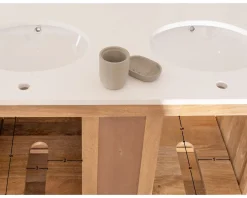 Online Meuble de salle de bain deux vasques bois et quartz 150cm 