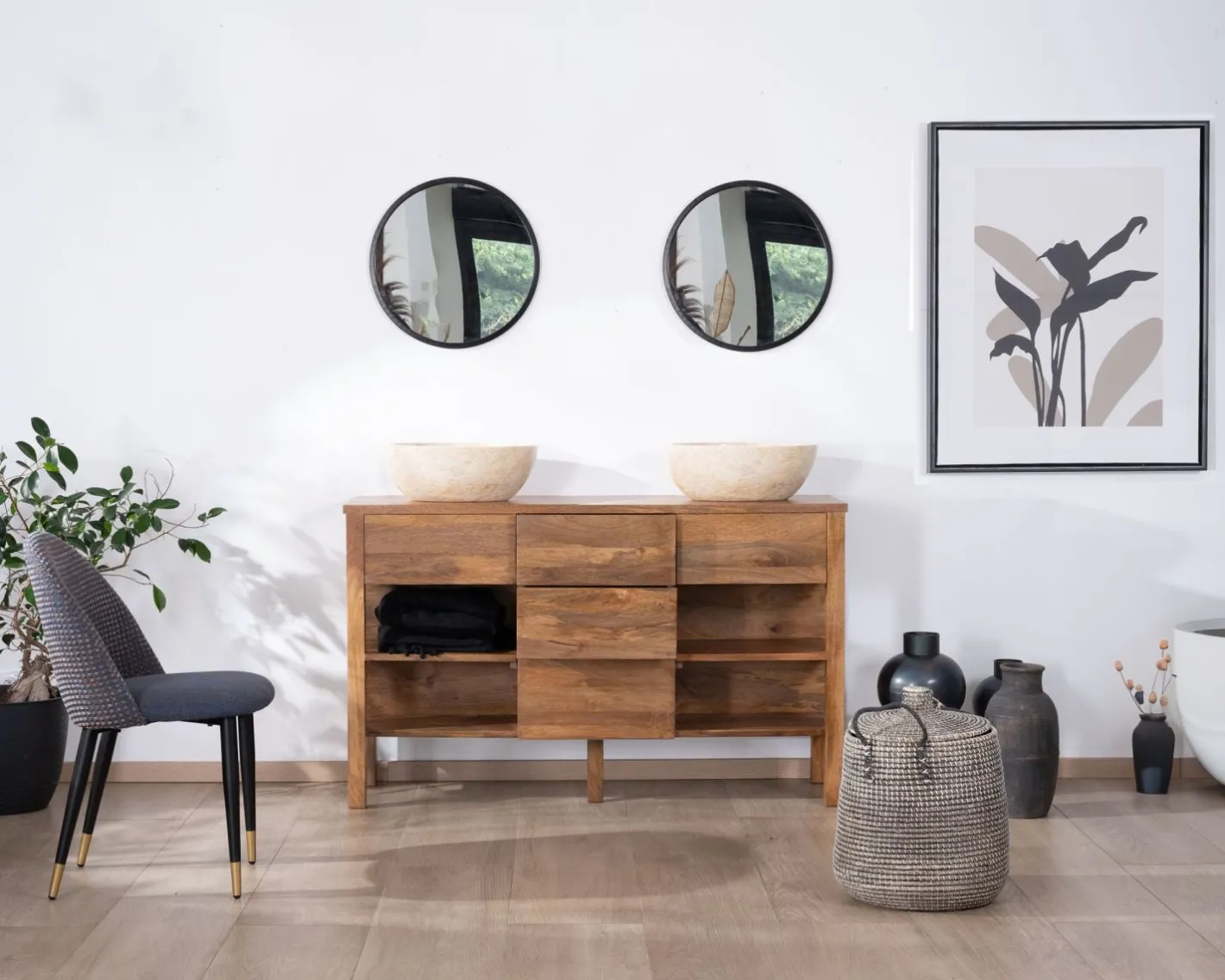 Best Meuble de salle de bain double en manguier foncé 140 cm avec niches et tiroirs "Kahiko" Meuble Sous Vasque