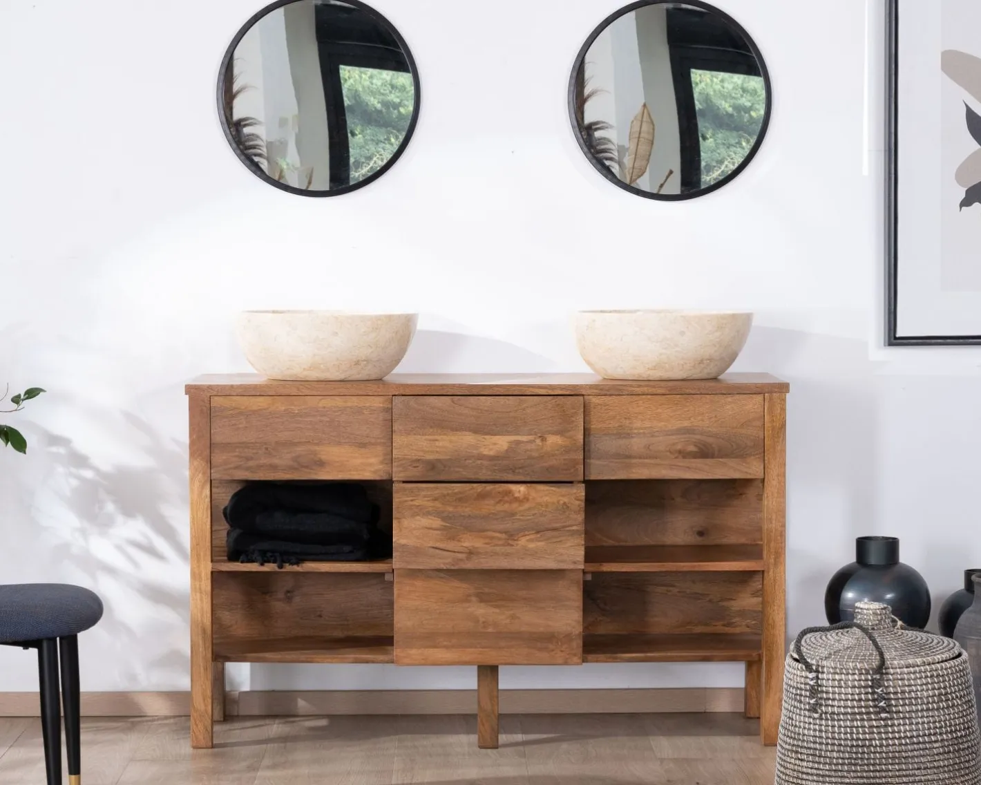 Best Meuble de salle de bain double en manguier foncé 140 cm avec niches et tiroirs "Kahiko" Meuble Sous Vasque