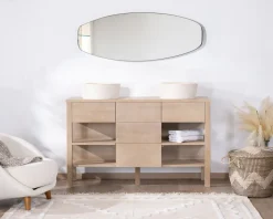 Sale Meuble de salle de bain double en manguier blanchi 140 cm avec niches et tiroirs "Kahiko" Meuble Sous Vasque
