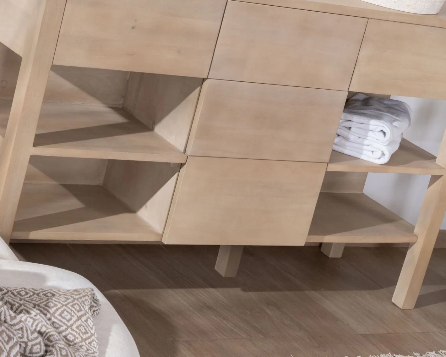 Sale Meuble de salle de bain double en manguier blanchi 140 cm avec niches et tiroirs "Kahiko" Meuble Sous Vasque