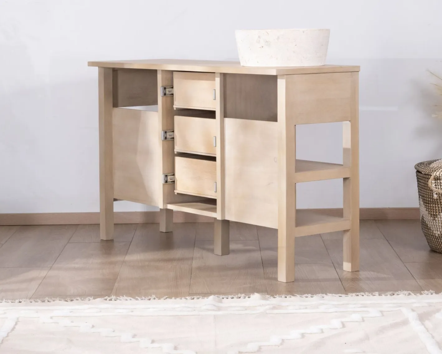 Sale Meuble de salle de bain double en manguier blanchi 140 cm avec niches et tiroirs "Kahiko" Meuble Sous Vasque