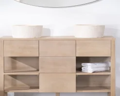 Sale Meuble de salle de bain double en manguier blanchi 140 cm avec niches et tiroirs