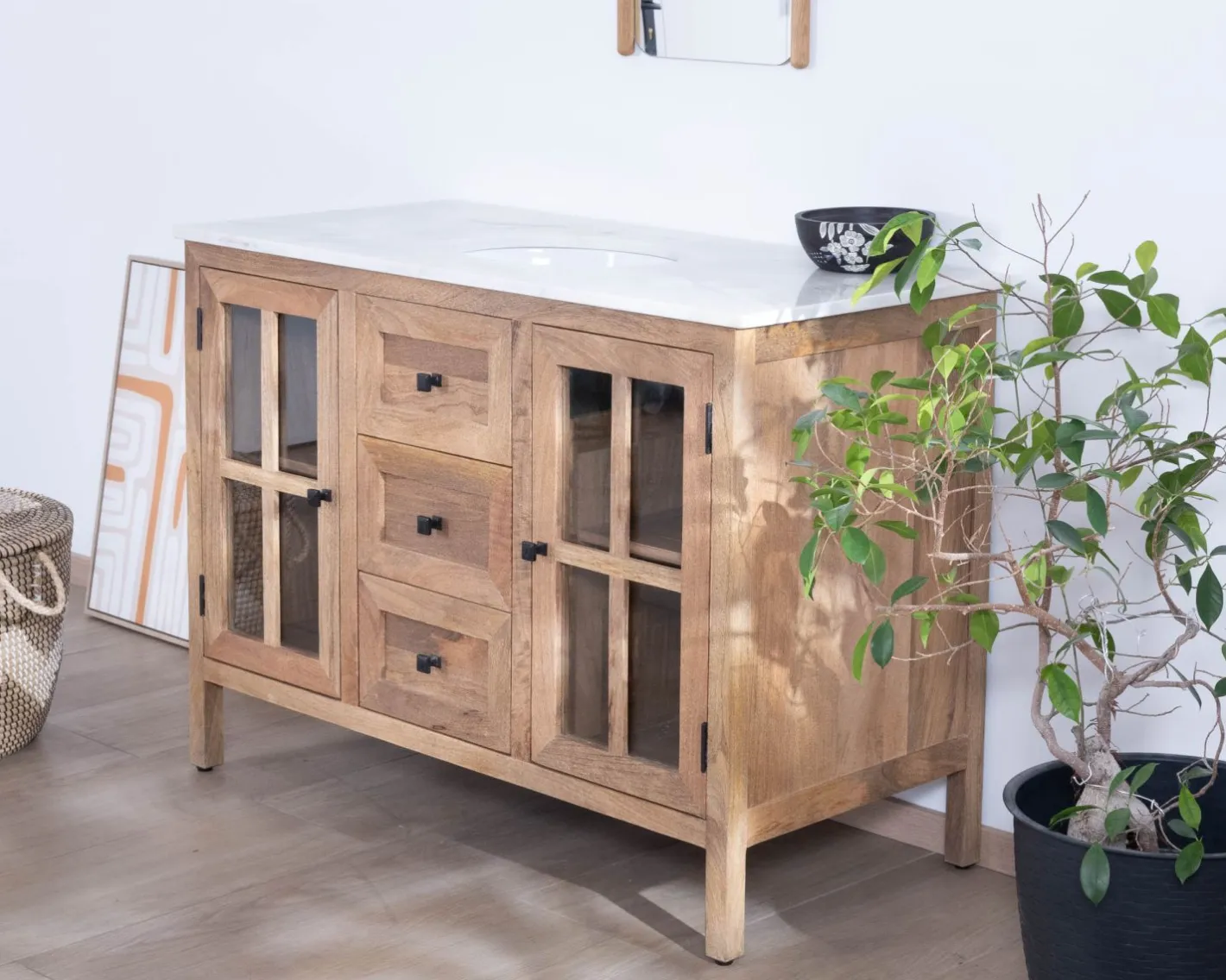 Hot Meuble de salle de bain simple vasque 120 cm "Maestro" en manguier Meuble Sous Vasque