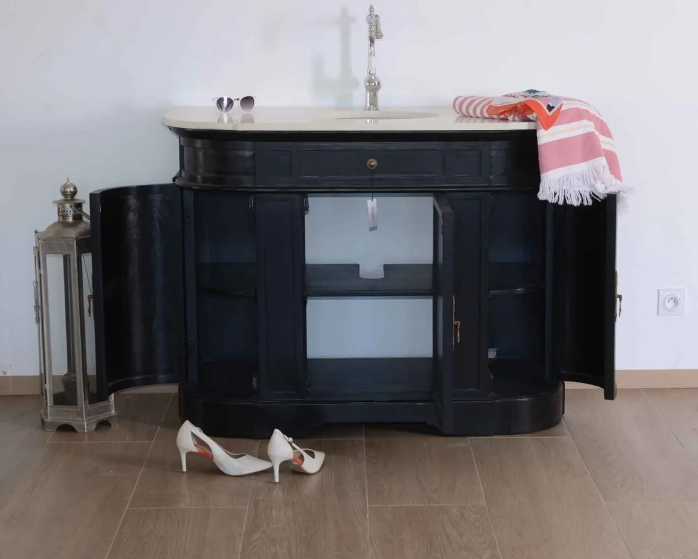Hot Meuble de salle de bain 1 vasque quartz blanc et bois noir "Églantine" Meuble Sous Vasque