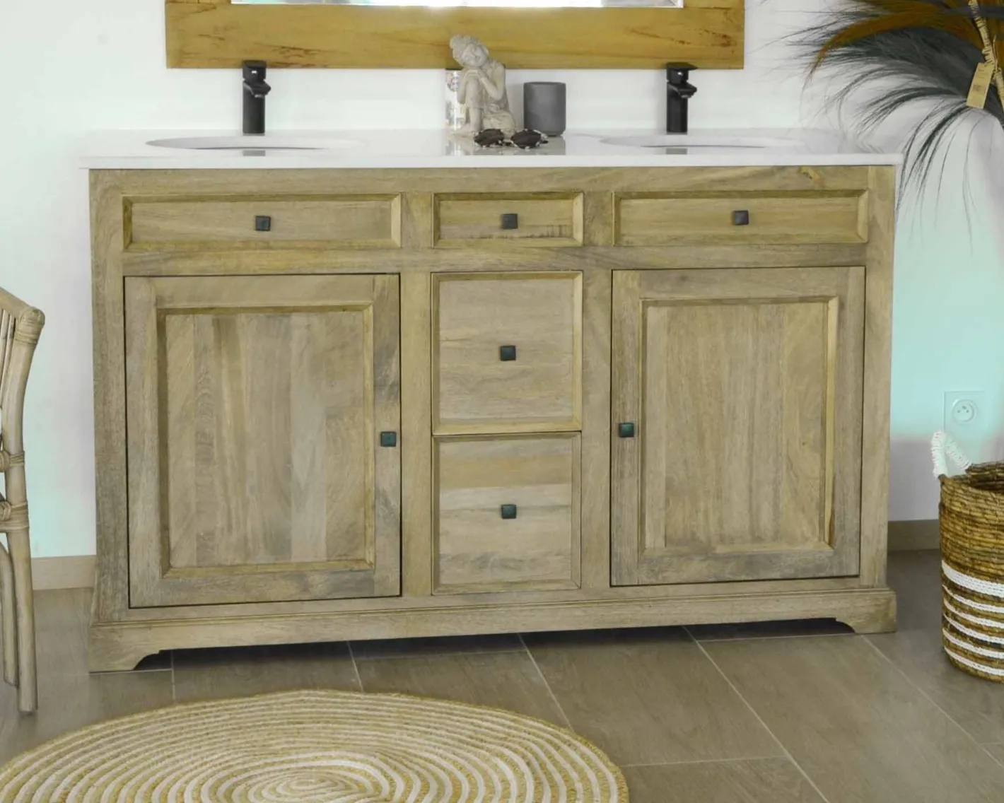 Online Meuble de salle de bain 2 vasques manguier et quartz blanc "Elégance" Meuble Sous Vasque