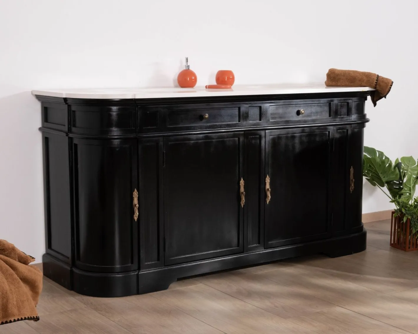 Clearance Meuble double vasque coins arrondis bois noir quartz blanc "Églantine" Meuble Sous Vasque